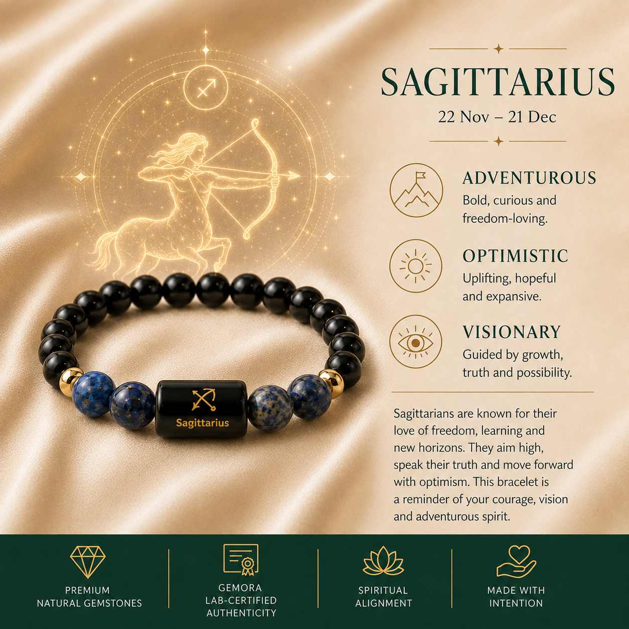 Sagittarius (धनु राशि) Zodiac Black Obsidian & Lapis Lazuli Bracelet