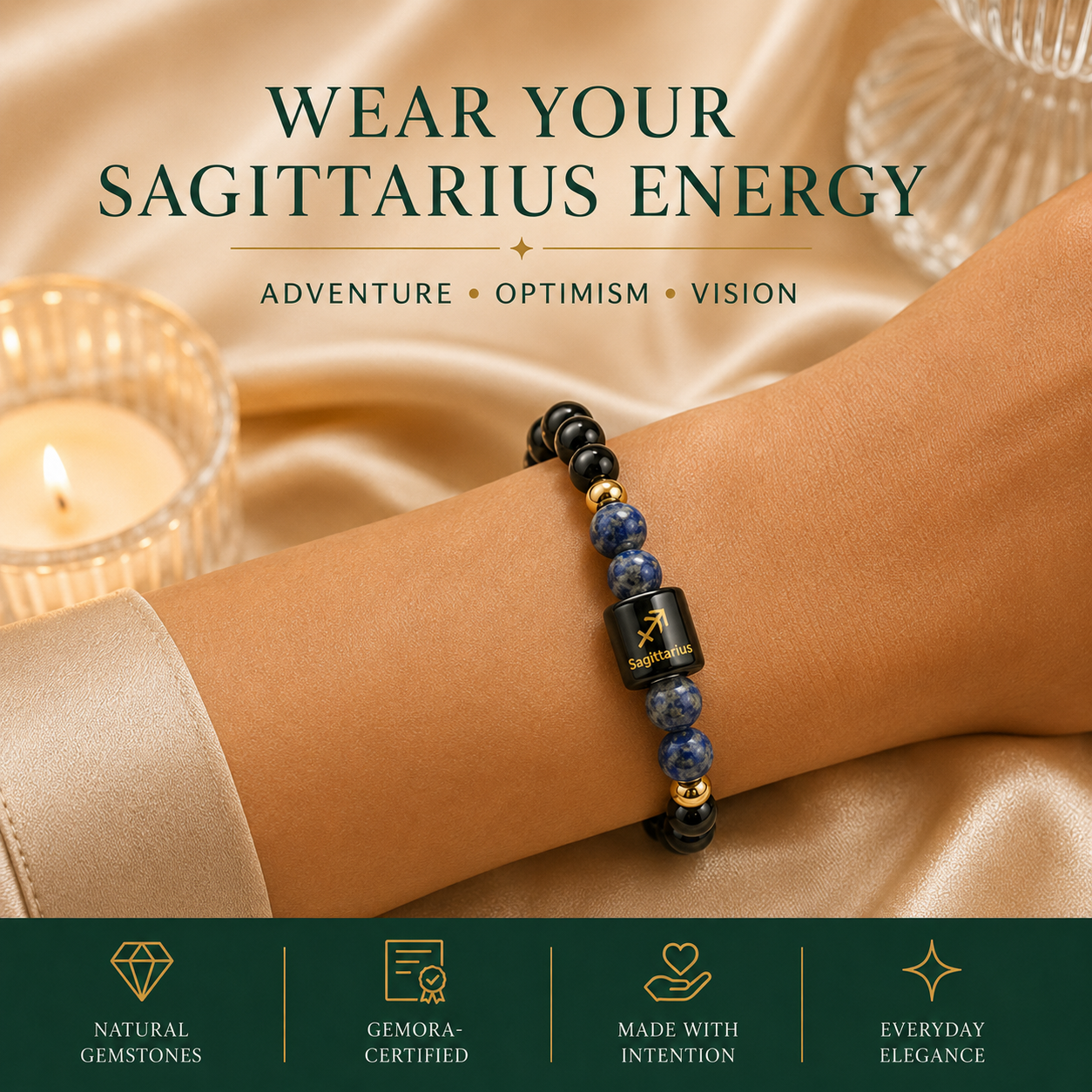 Sagittarius (धनु राशि) Zodiac Black Obsidian & Lapis Lazuli Bracelet