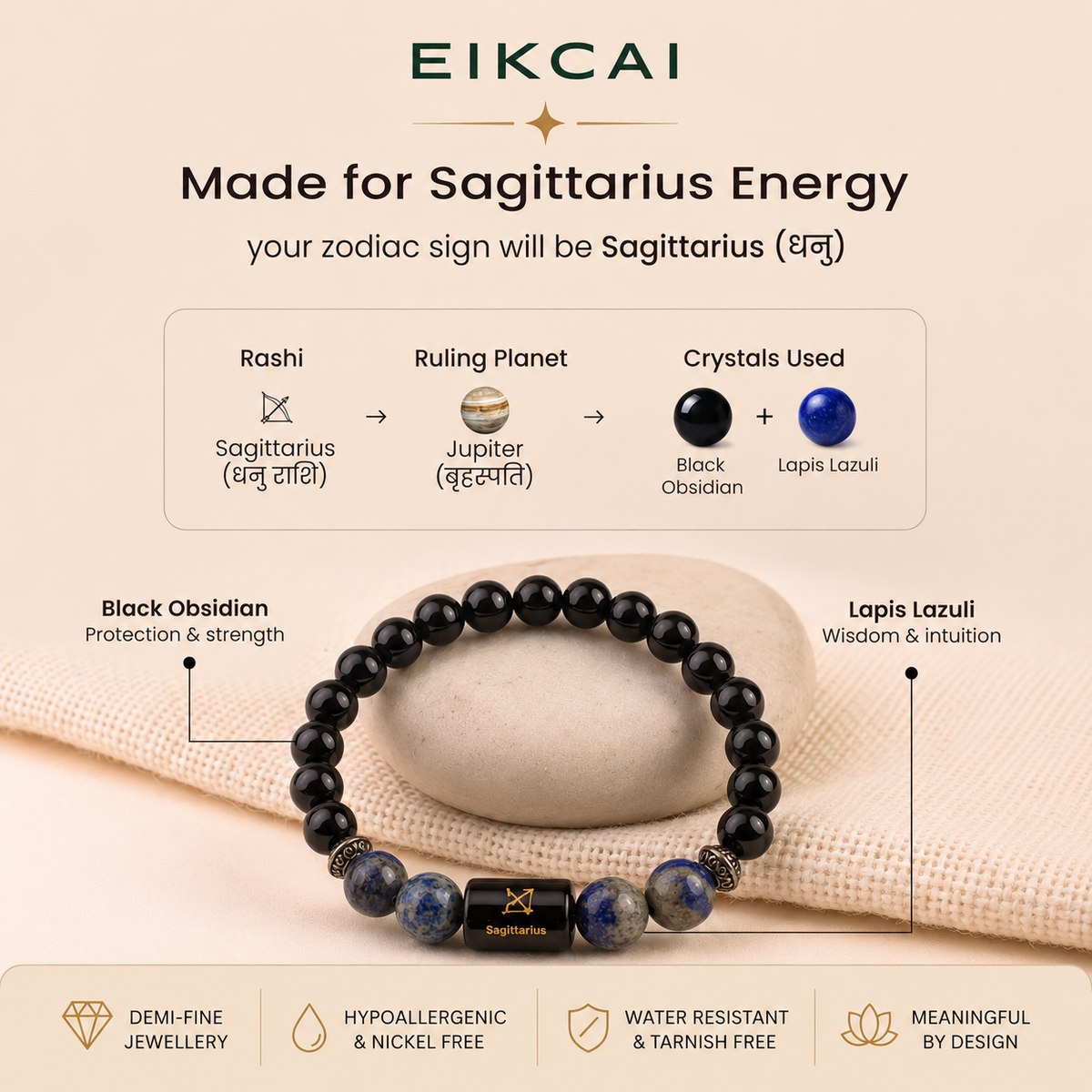 Sagittarius (धनु राशि) Zodiac Black Obsidian & Lapis Lazuli Bracelet