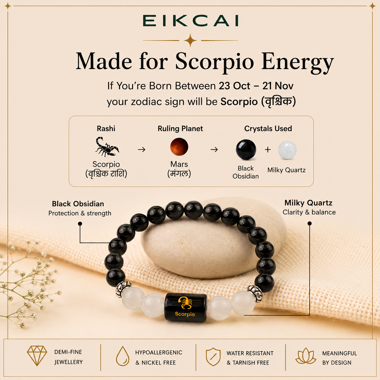 Scorpio (वृश्चिक राशि) Zodiac Black Obsidian & Milky Quartz Bracelet