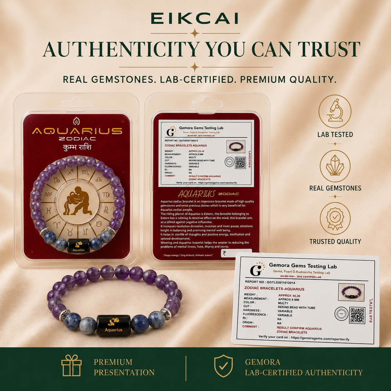 Aquarius (कुंभ राशि) Zodiac Amethyst & Lapis Lazuli Bracelet