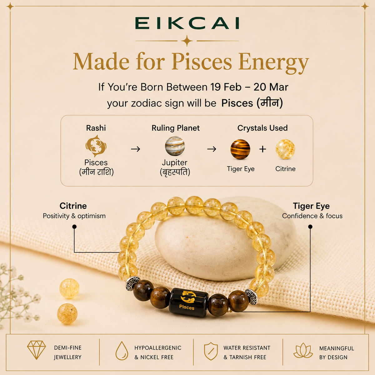 Pisces (मीन राशि) Zodiac Citrine & Tiger Eye Bracelet