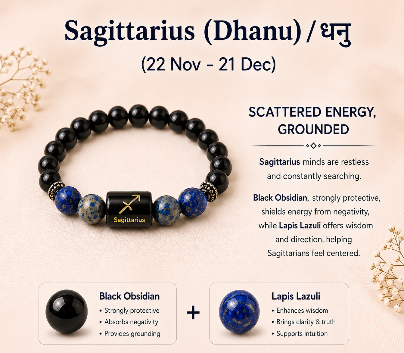 Sagittarius (धनु राशि) Zodiac Black Obsidian & Lapis Lazuli Bracelet