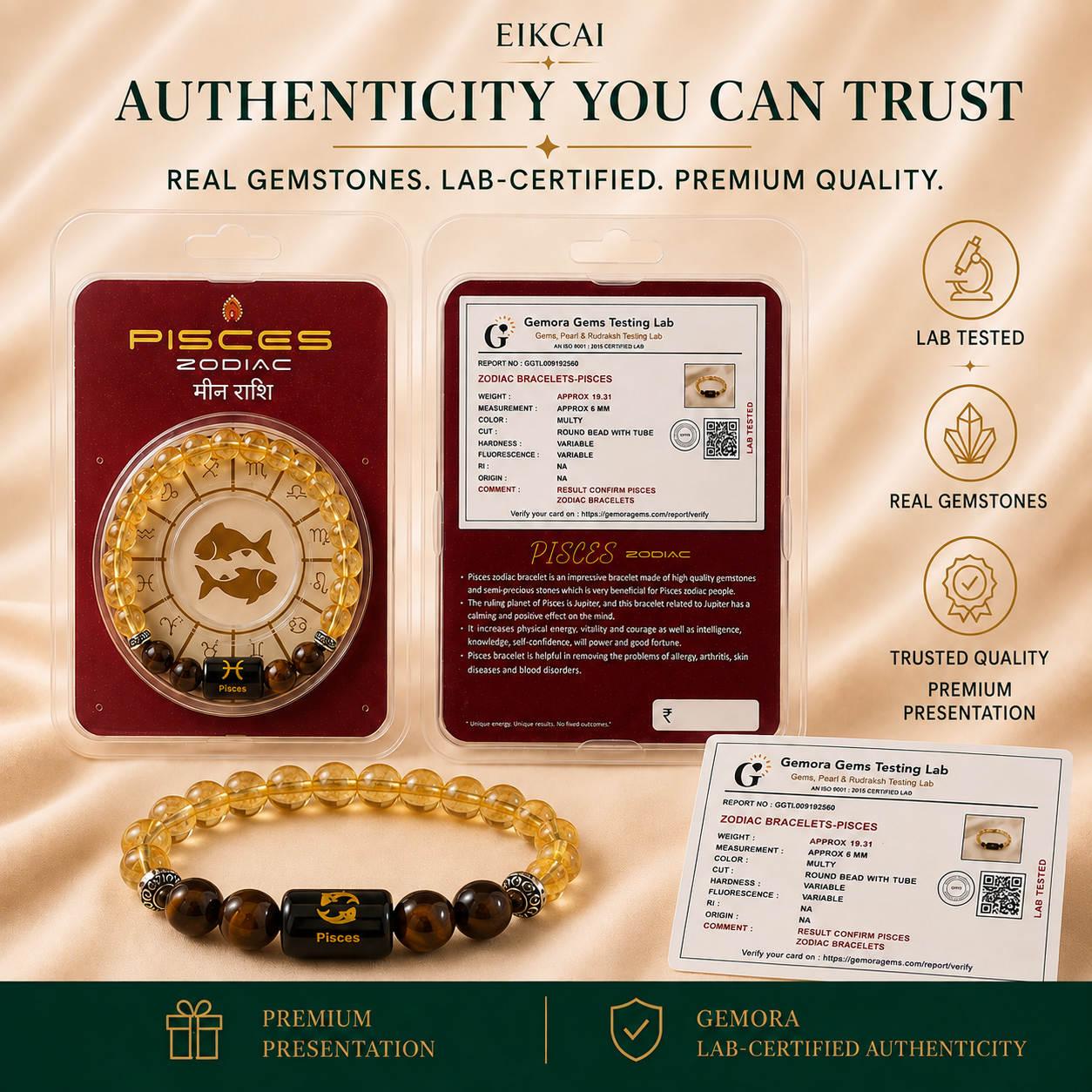 Pisces (मीन राशि) Zodiac Citrine & Tiger Eye Bracelet