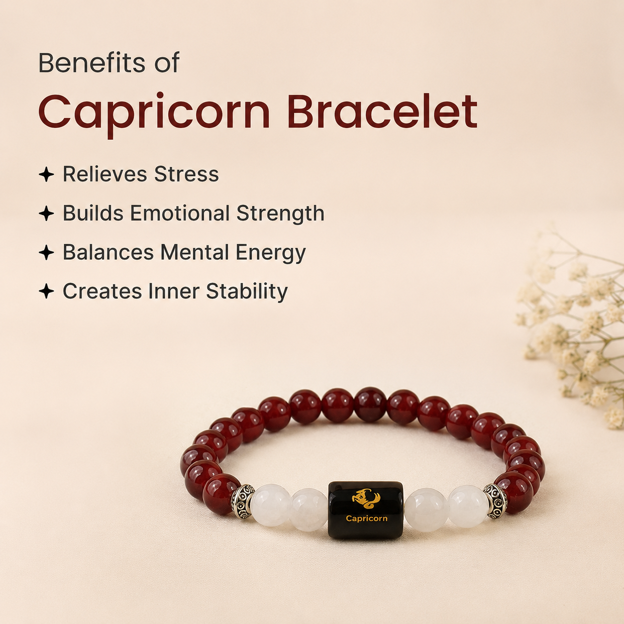 Capricorn (मकर राशि) Zodiac Garnet & Milky Quartz Bracelet