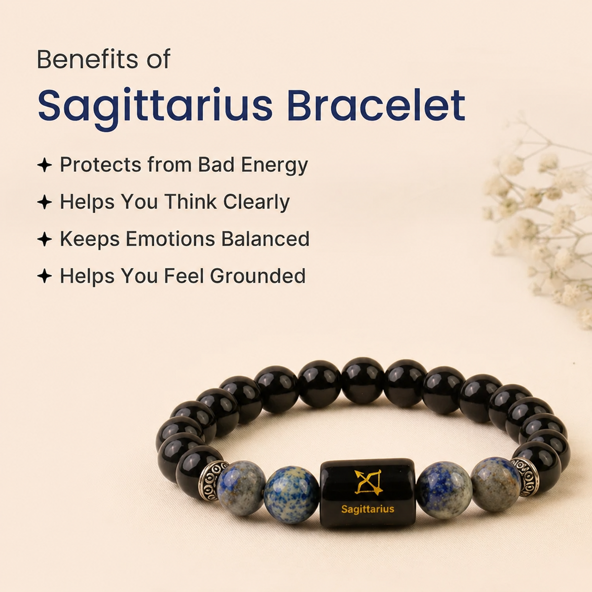 Sagittarius (धनु राशि) Zodiac Black Obsidian & Lapis Lazuli Bracelet