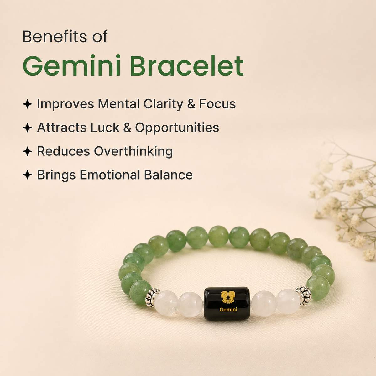Gemini (मिथुन राशि) Zodiac Green Aventurine & Milky Quartz Bracelet