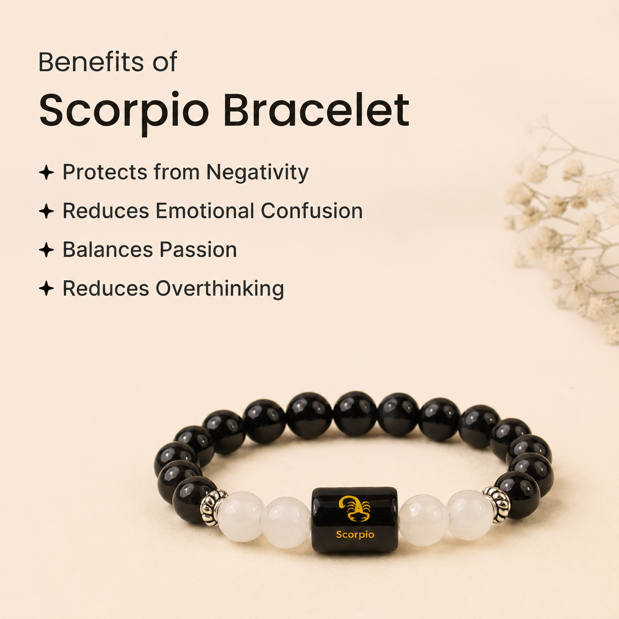Scorpio (वृश्चिक राशि) Zodiac Black Obsidian & Milky Quartz Bracelet
