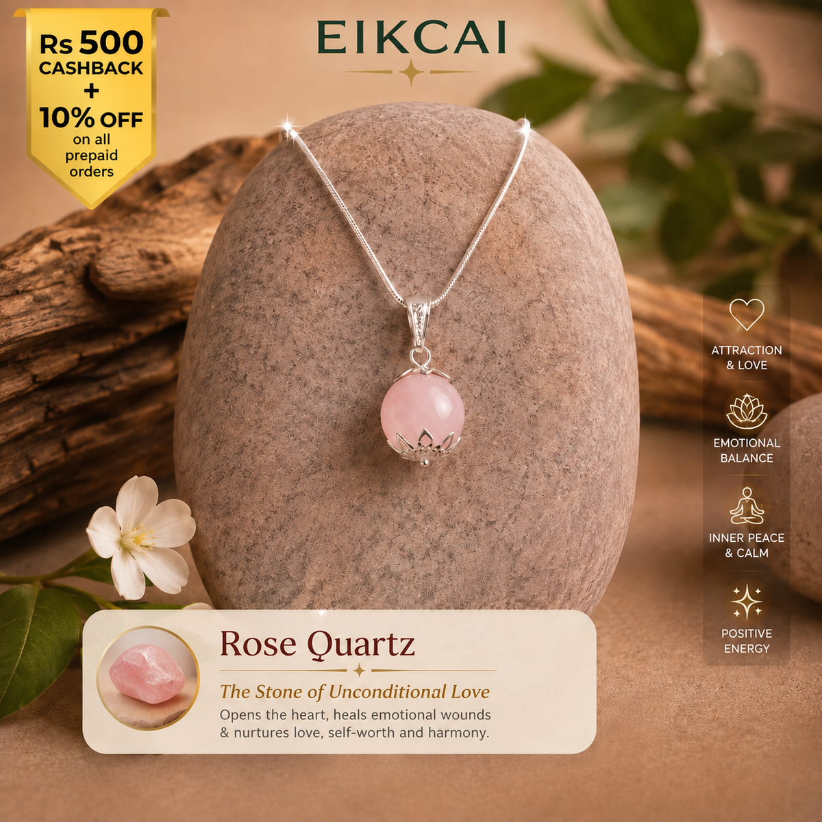 Rose Quartz Pendant with Silver Chain