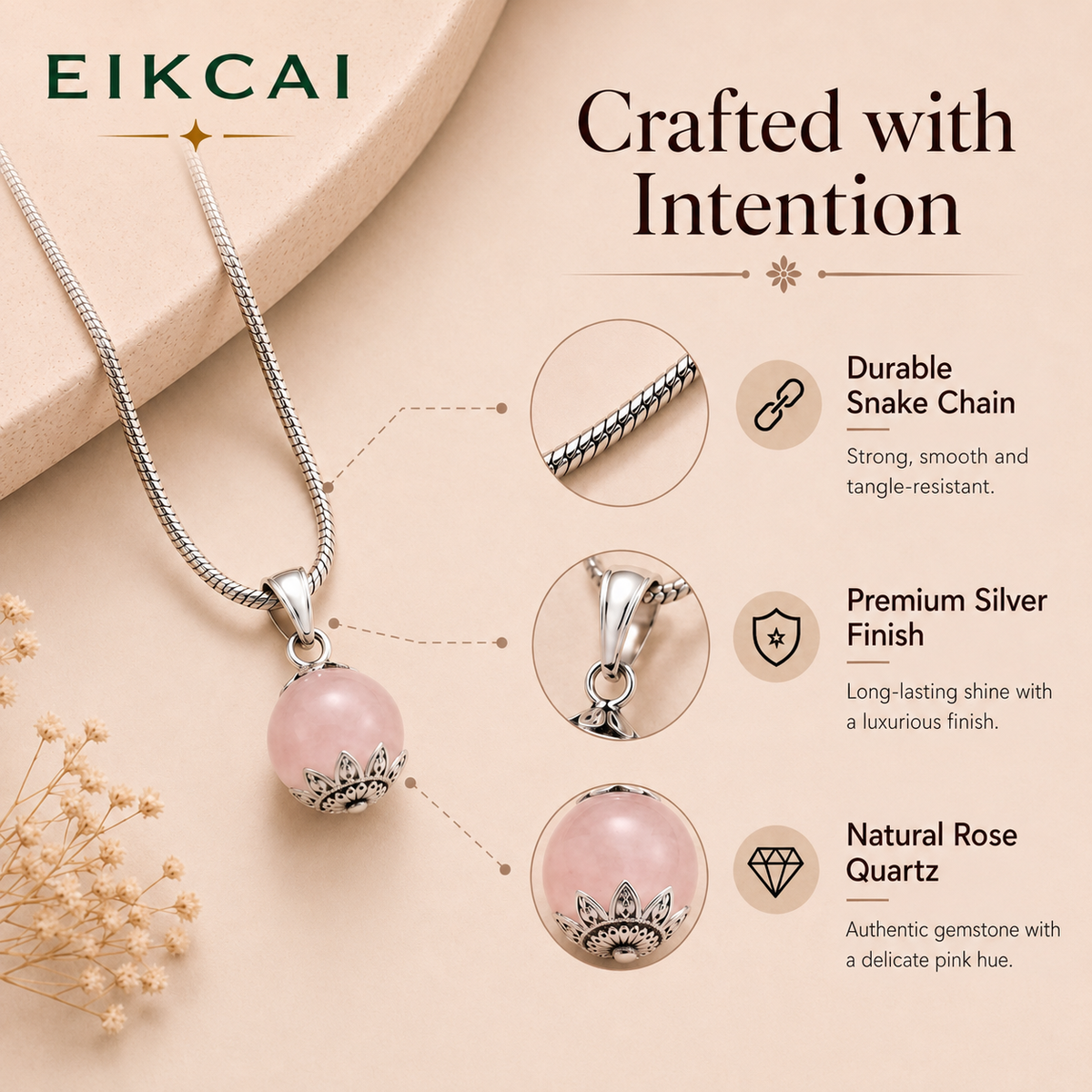 Rose Quartz Pendant with Silver Chain