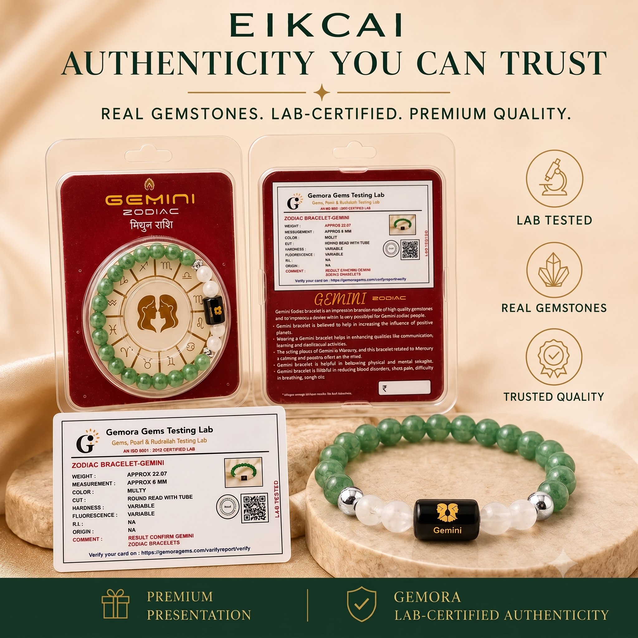 Gemini (मिथुन राशि) Zodiac Green Aventurine & Milky Quartz Bracelet