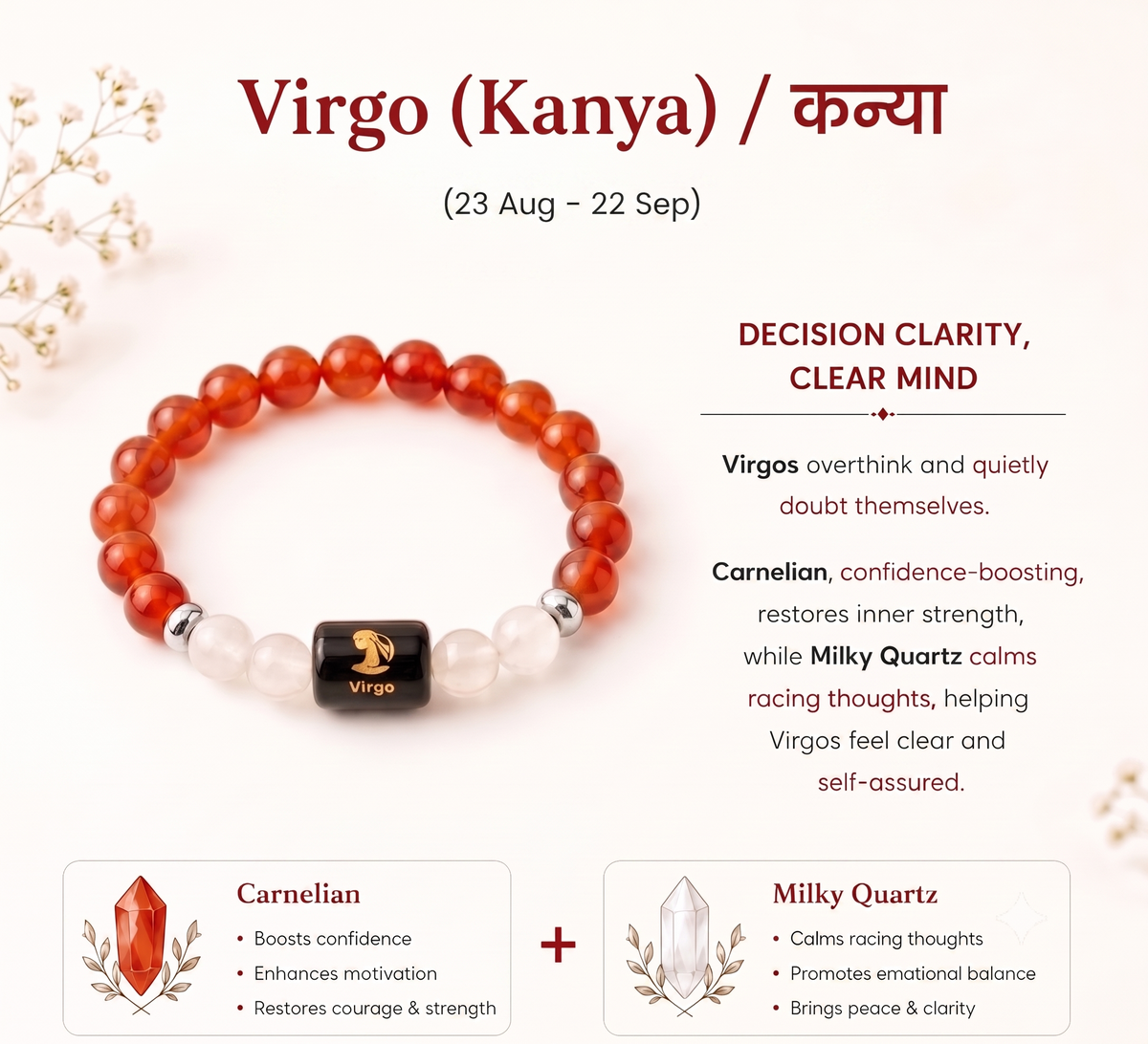 Virgo (कन्या राशि) Zodiac Carnelian & Milky Quartz Bracelet