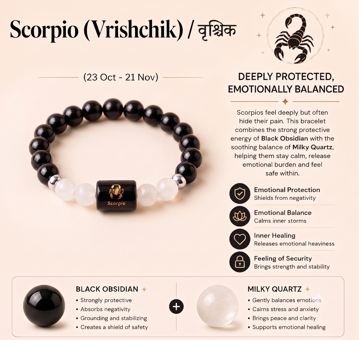 Scorpio (वृश्चिक राशि) Zodiac Black Obsidian & Milky Quartz Bracelet