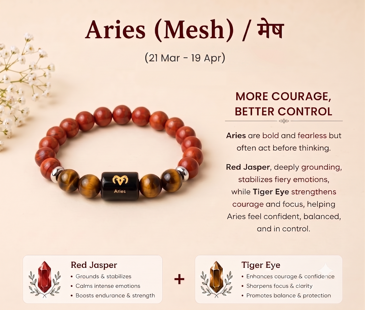 Aries (मेष राशि) Zodiac Red Jasper & Tiger Eye Bracelet