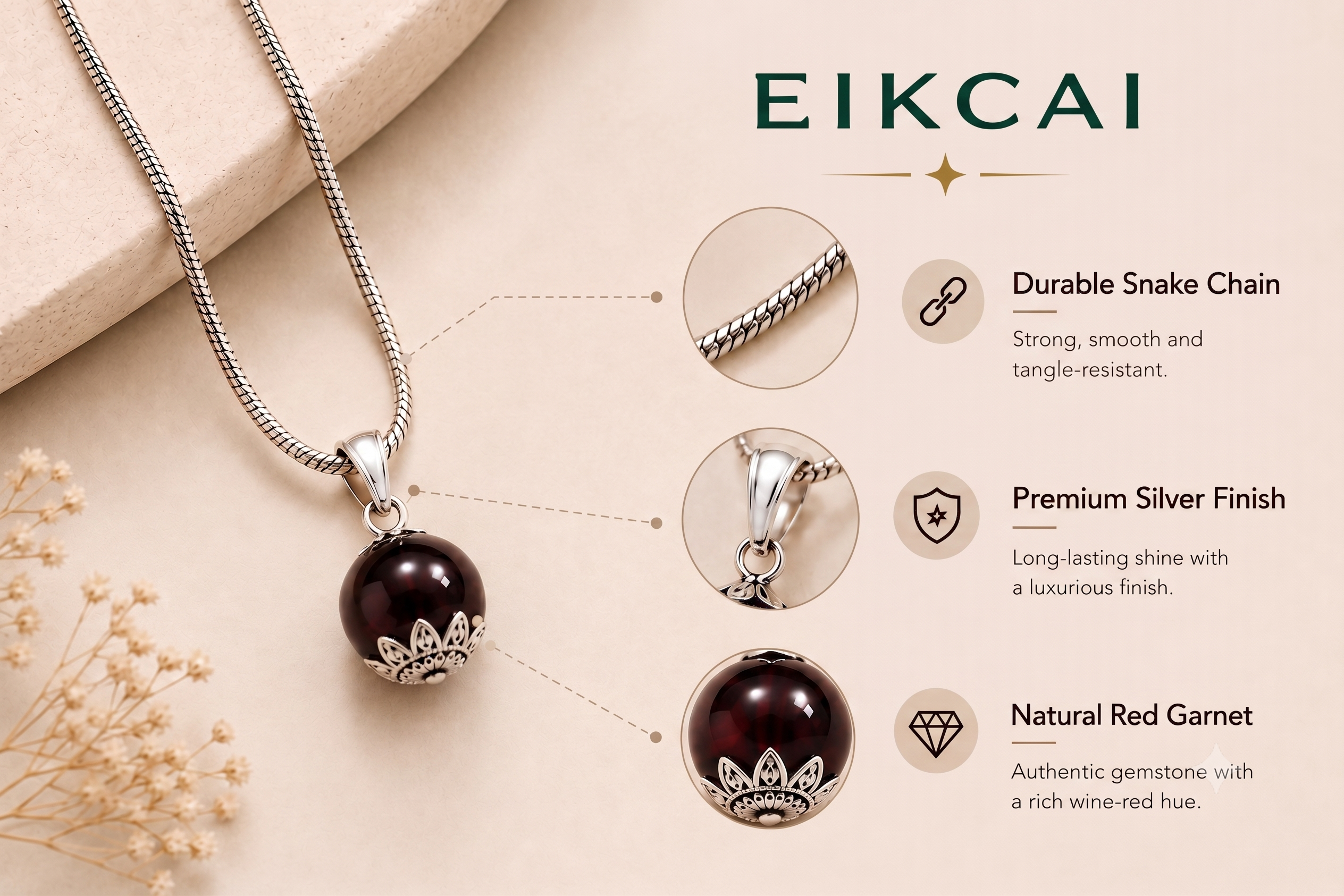 Red Garnet Pendant with Silver Chain