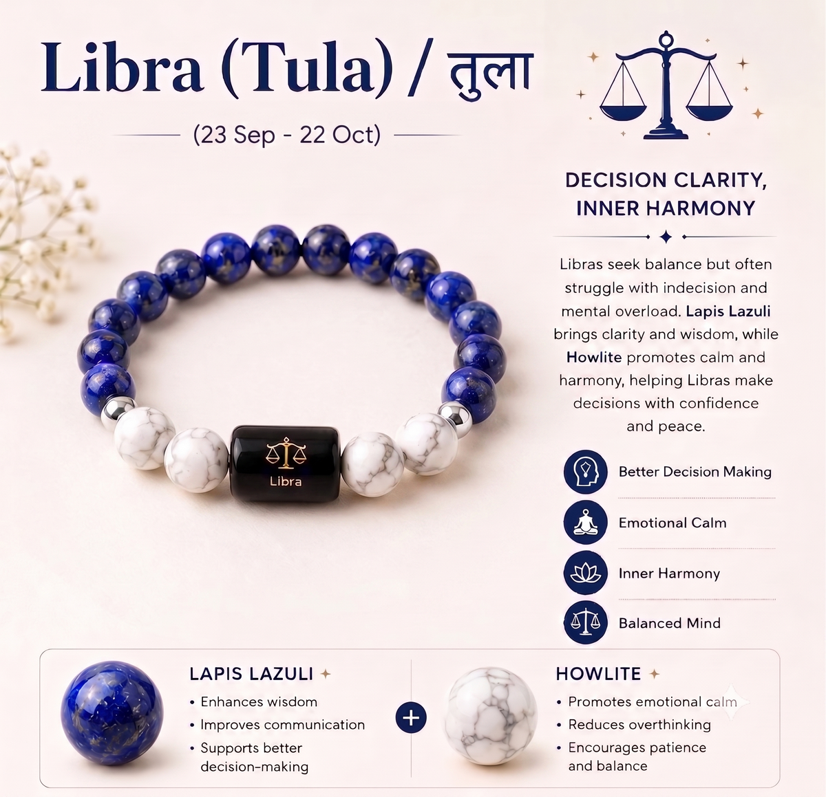 Libra (तुला राशि) Zodiac Lapis Lazuli & Howlite Bracelet