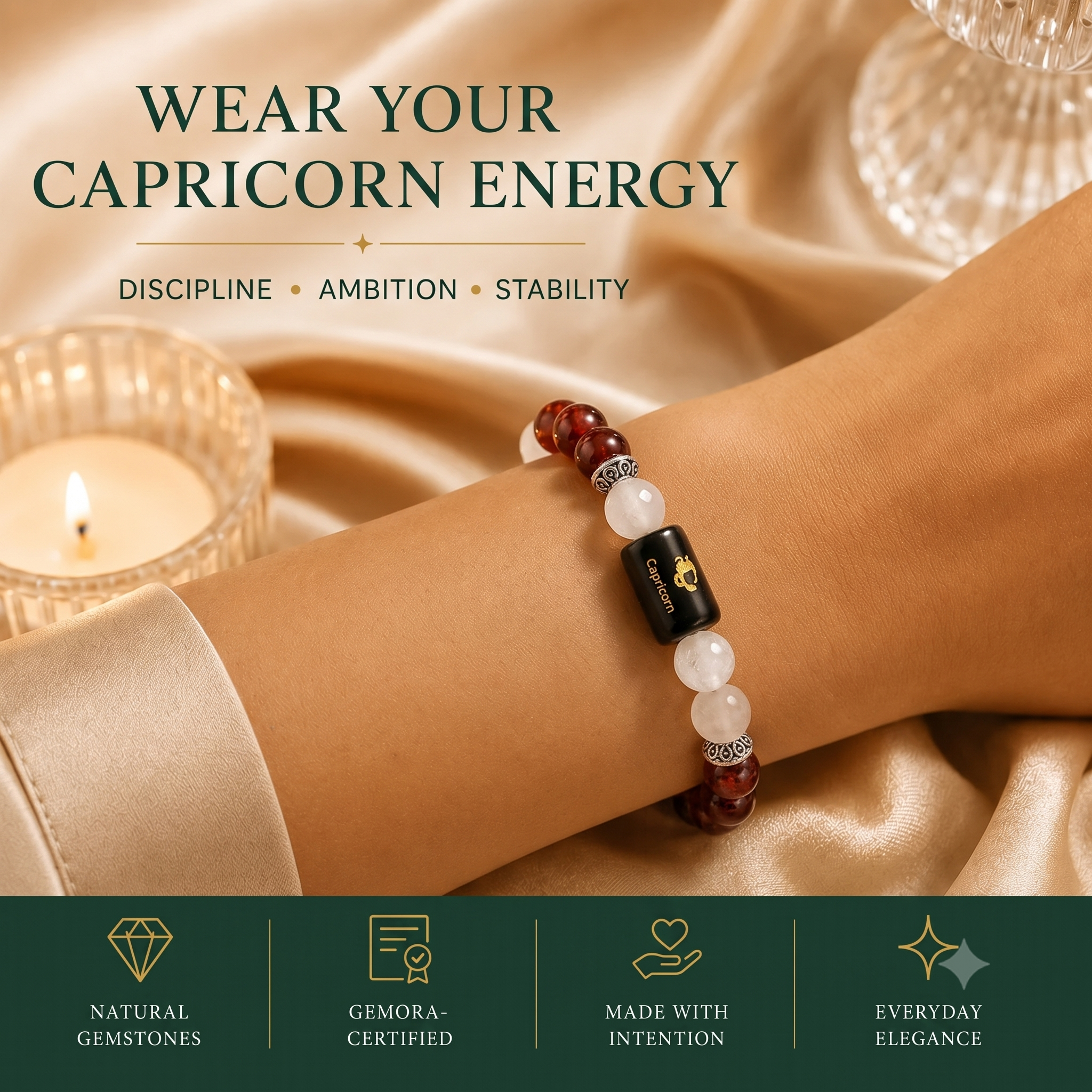 Capricorn (मकर राशि) Zodiac Garnet & Milky Quartz Bracelet